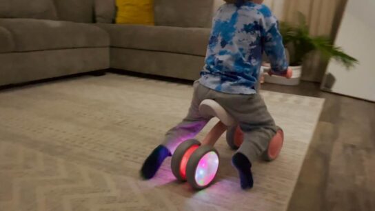Colorful toddler balance bike with LED lights for first birthday gift