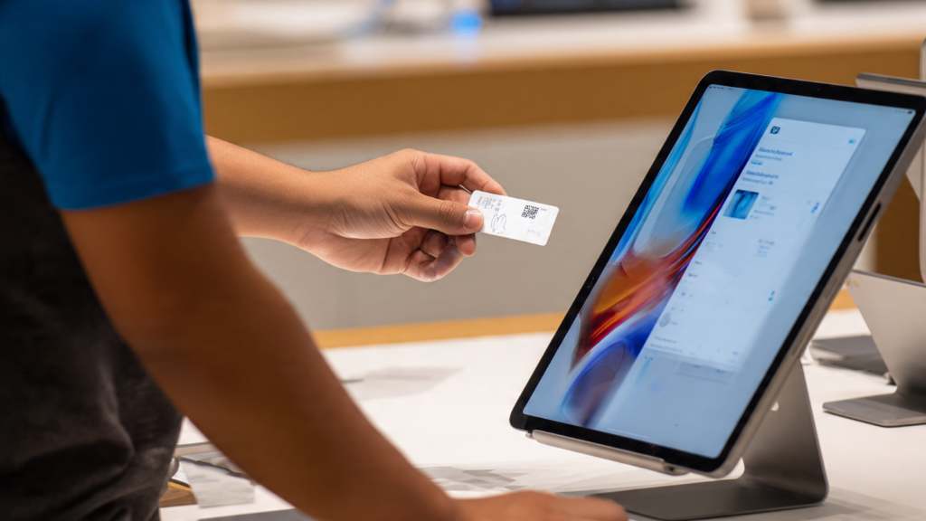 Apple Store employee scanning unused Apple Gift Card with digital gift receipt on screen