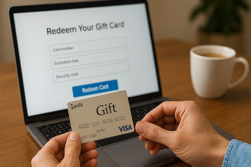 A person entering Vanilla Gift Card details on a checkout screen with a coffee cup beside the laptop.