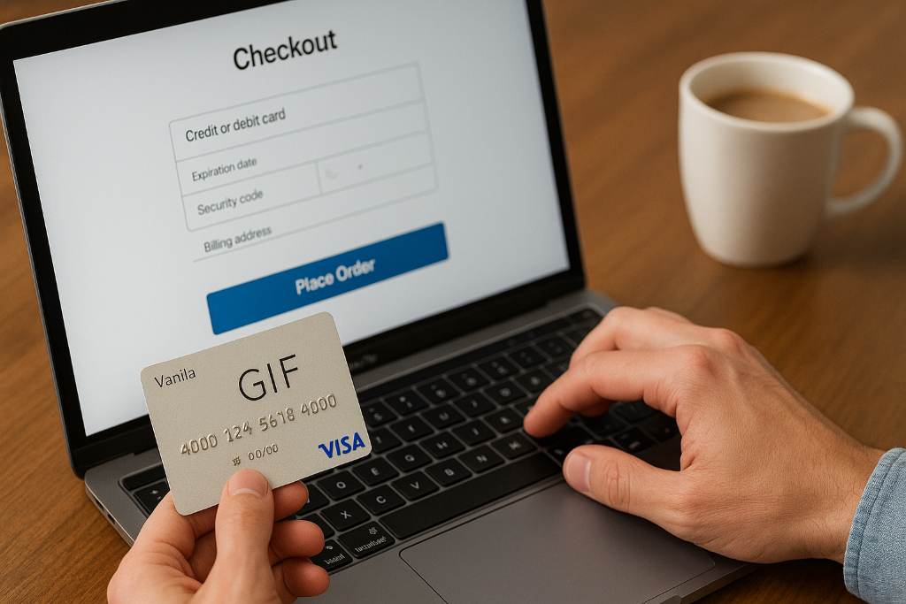 Step-by-step guide showing how to enter Vanilla Gift Card details at checkout