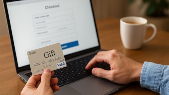 Person using Vanilla Gift Card to shop online on laptop