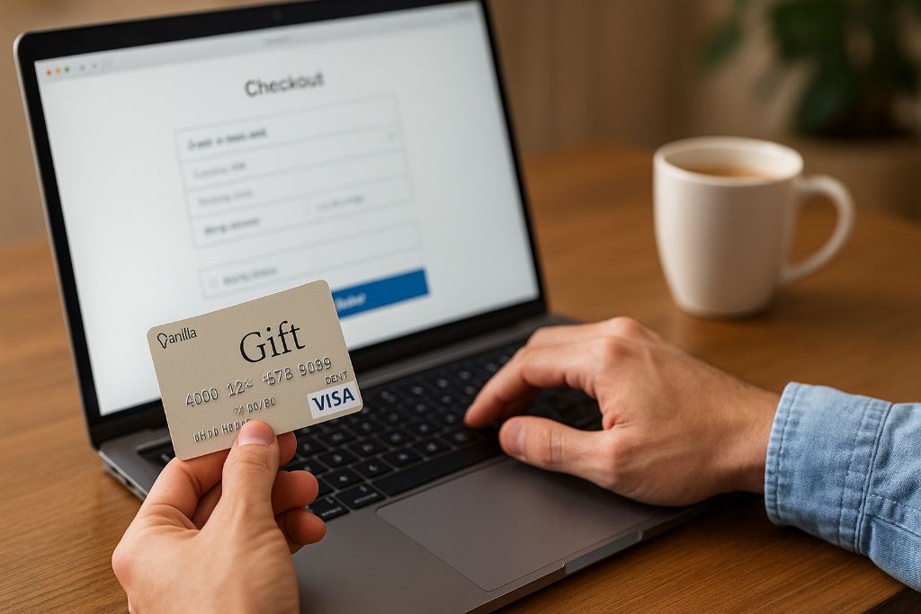 Person using Vanilla Gift Card to shop online on laptop