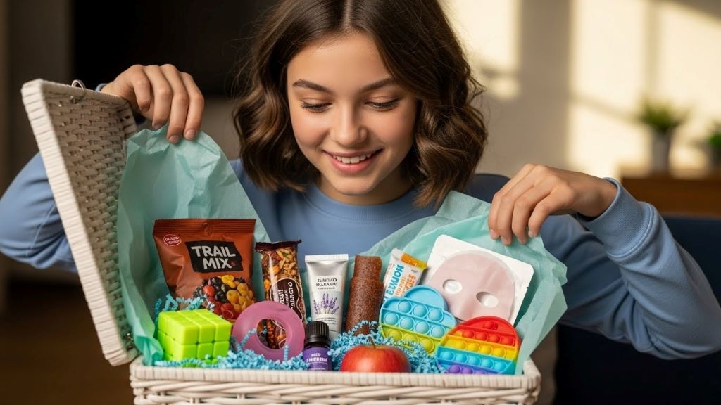 Teen girl smiling while opening gift basket containing nutritious snacks, stress relief toys, and personal care products