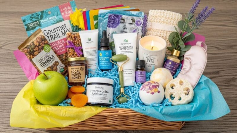 Colorful gift basket filled with healthy snacks, skincare products, and self-care items arranged on wooden table