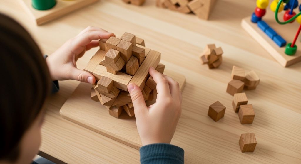 Wooden brain teaser puzzle pieces arranged on table showing hands-on problem-solving educational toy for children