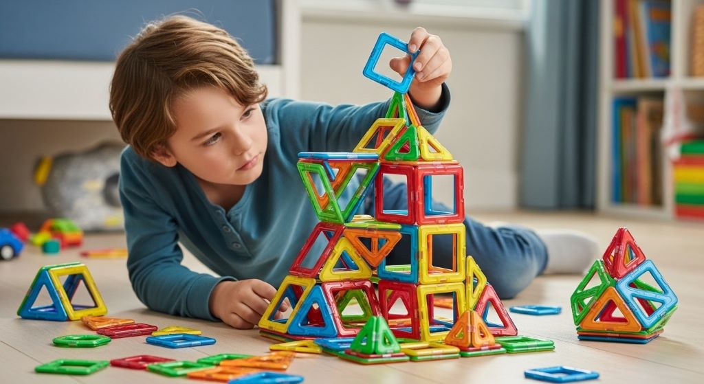 Child building colorful engineering structure with magnetic tiles demonstrating problem-solving skills and spatial reasoning
