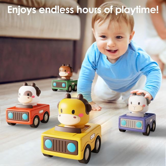 iPlay iLearn Press-to-Go Car Toys – Push and Go Animal Racing Cars for Toddlers 1–3