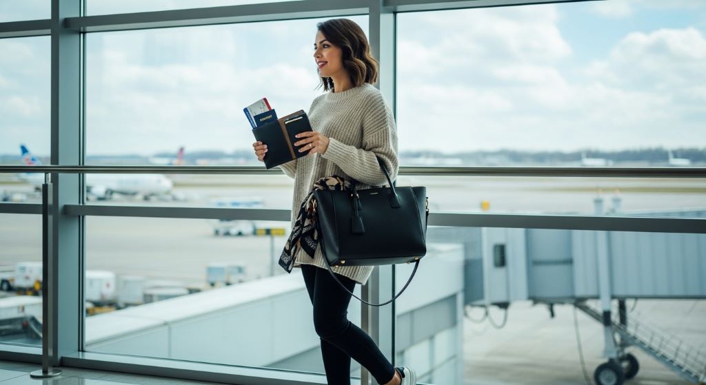 A woman traveler holding a stylish tote bag and travel wallet at an airport departure lounge