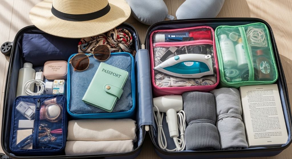 A neatly packed open suitcase with colorful packing cubes, a passport holder, and travel accessories for women