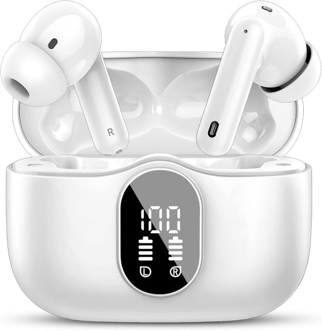Btootos wireless earbuds with LED display, noise-canceling mic, and waterproof design for clear calls and active use