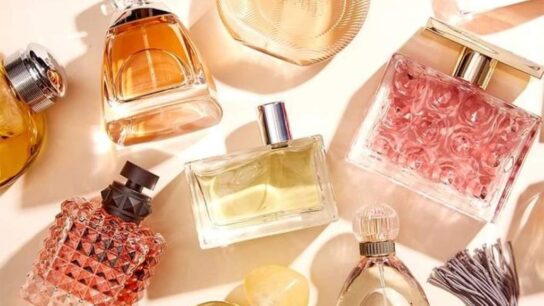 Elegant luxury perfume setup with natural lighting and modern aesthetic