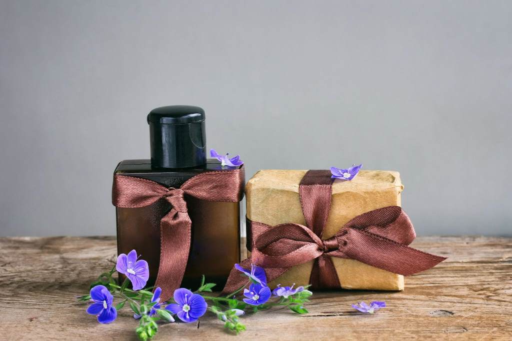 Fathers Day card, gift box with brown ribbon, perfume bottle