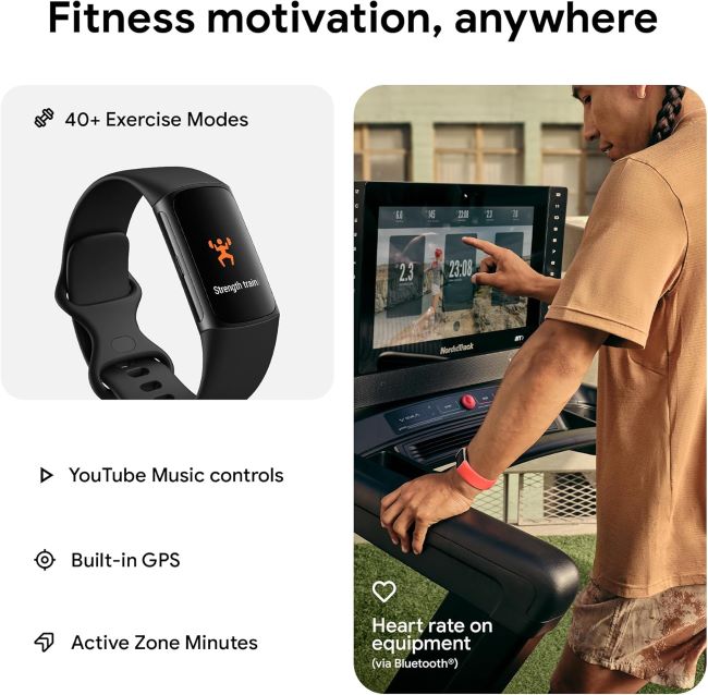 Fitbit Charge 6 fitness tracker smartwatch with GPS, heart rate monitoring, and Google apps integration for advanced health tracking
