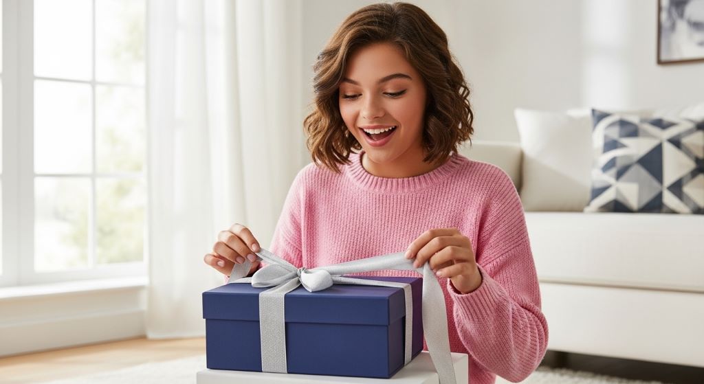 A smiling teenage girl unwrapping a luxury gift box with a satin ribbon in a bright, modern living room setting