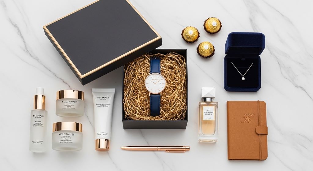 A curated flat lay of luxury teen gifts including a designer watch, premium skincare set, and elegant gift box on a marble surface