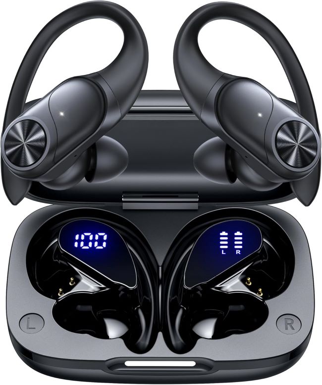 PocBuds wireless earbuds with earhook design, long battery life, and waterproof build for secure fit during workouts