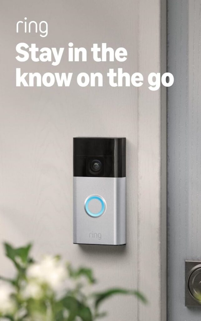 Ring Battery Doorbell in satin nickel offering head-to-toe video, motion alerts, and two-way talk for home and business security.