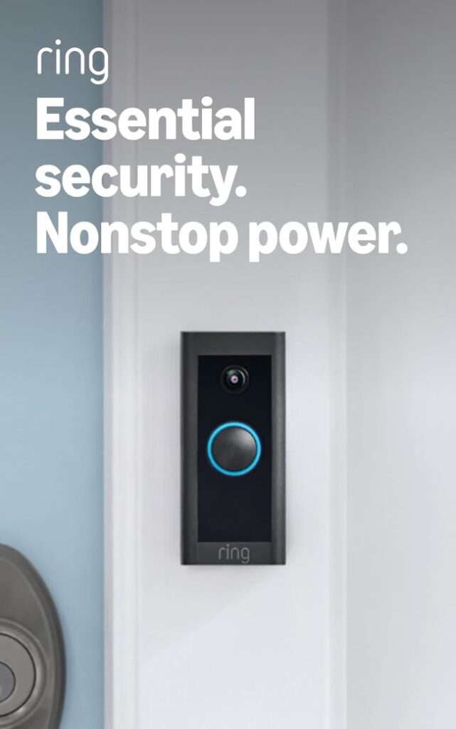 Ring Video Wired Doorbell showing HD camera, motion detection, and two-way communication for front door monitoring.