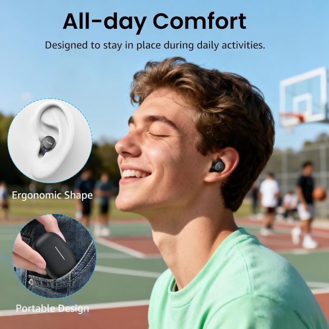 TOZO A1 lightweight wireless earbuds with Bluetooth 5.3, waterproof design, and customizable EQ for music and calls