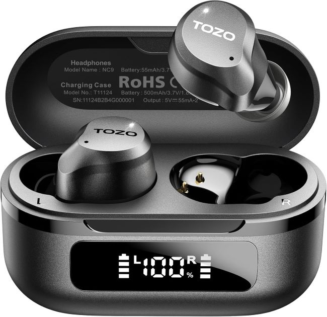 TOZO NC9 noise canceling wireless earbuds with multiple microphones, waterproof build, and extended battery life