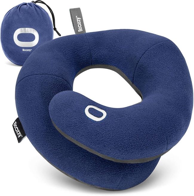 BCOZZY travel neck pillow with patented double support for head, neck, and chin during flights and car rides