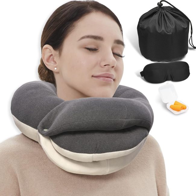 BUYUE travel neck pillow with 360-degree head support and memory foam design for long-distance flight comfort