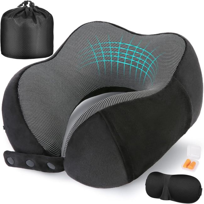 Cirorld adjustable travel neck pillow with memory foam, eye mask, earplugs, and carrying bag for flights