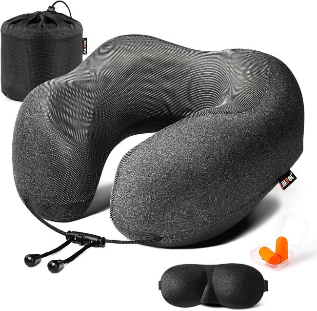 MLVOC travel neck pillow with breathable memory foam and included eye mask, earplugs, and travel bag