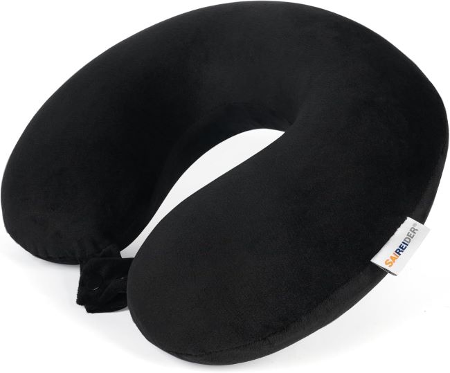 SAIREIDER memory foam travel pillow with washable cover designed for neck support at home, office, and travel