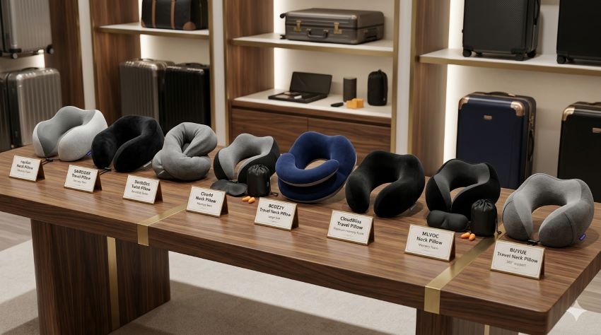 Air travel neck pillow designed for comfortable in-flight sleep and neck support during trips in Texas (TX)