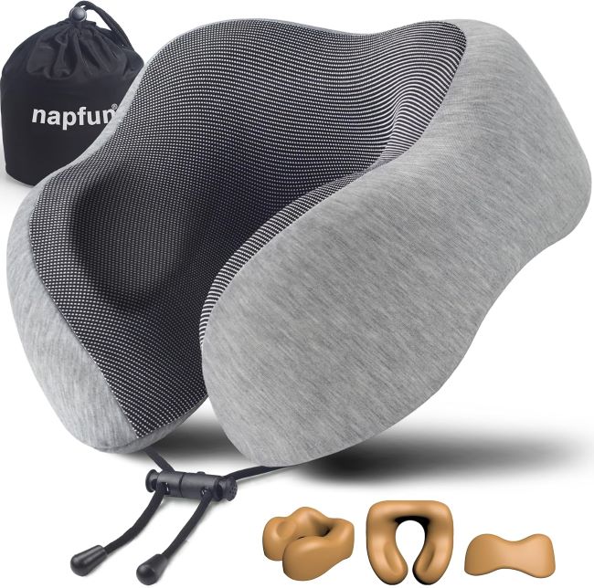 napfun memory foam travel neck pillow with ergonomic airplane head support for comfortable sleep during long flights