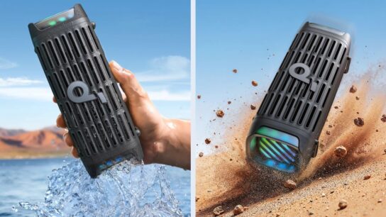 Waterproof Bluetooth speaker playing music during a beach travel adventure