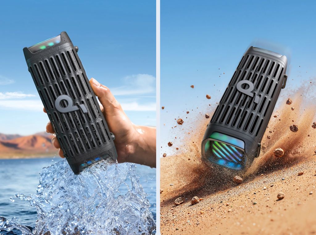 Waterproof Bluetooth speaker playing music during a beach travel adventure
