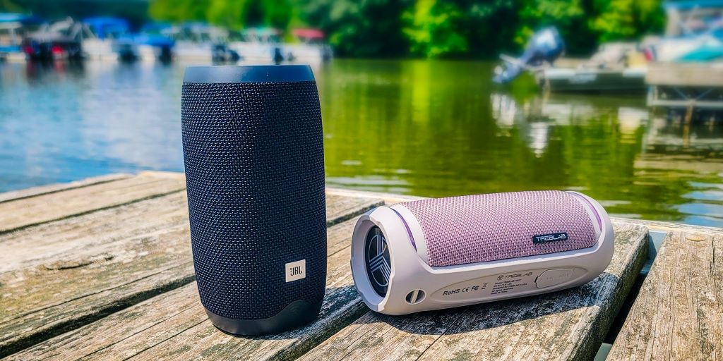 Portable waterproof Bluetooth speaker packed for outdoor travel and camping