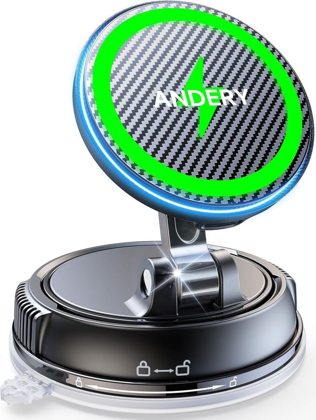 ANDERY MagSafe car mount charger with 15W wireless charging, strong magnetic hold, and adjustable phone holder for iPhone users