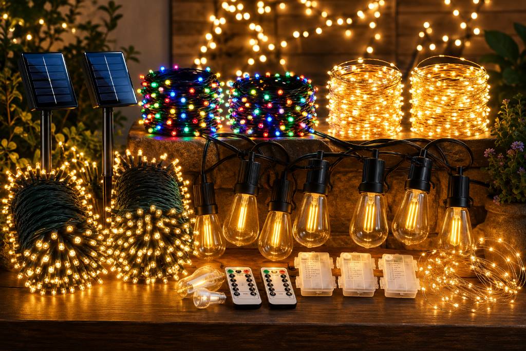 Affordable solar Christmas lights outdoor string light decorating backyard patio in Arizona AZ