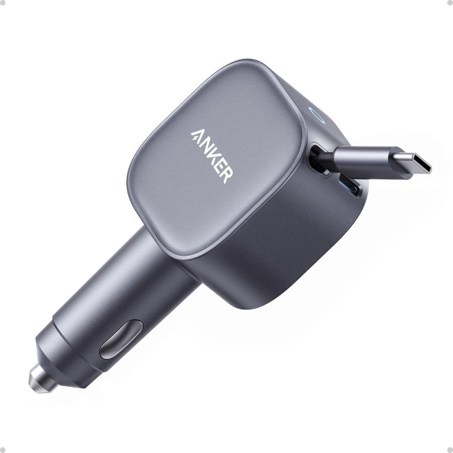 Anker 75W retractable USB-C car charger with built-in cable, designed for fast charging iPhones, Galaxy phones, tablets, and laptops on the go