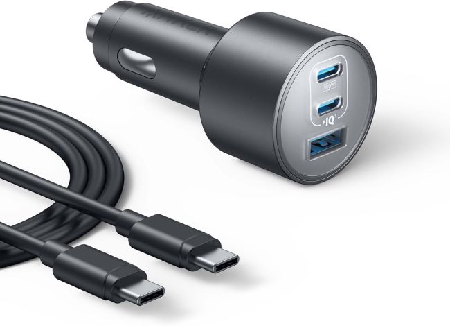 Anker 167.5W ultra-compact 3-port USB-C car charger for laptops, tablets, smartphones, and accessories with high-speed charging capability