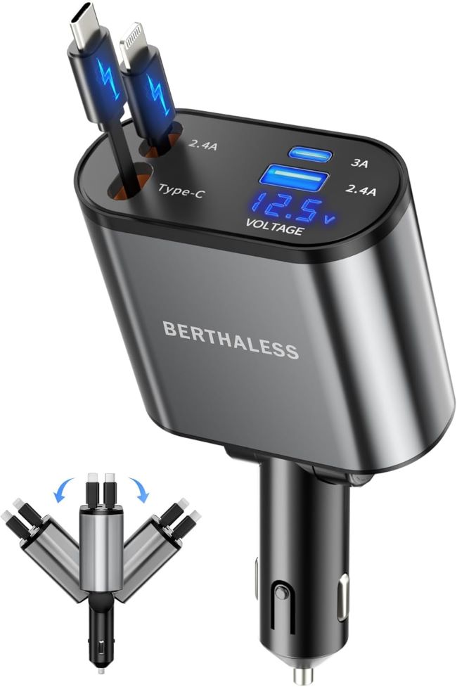 BERTHALESS 4-in-1 retractable car charger with USB-C and USB-A ports, providing fast charging for iPhone, Galaxy, and Pixel devices