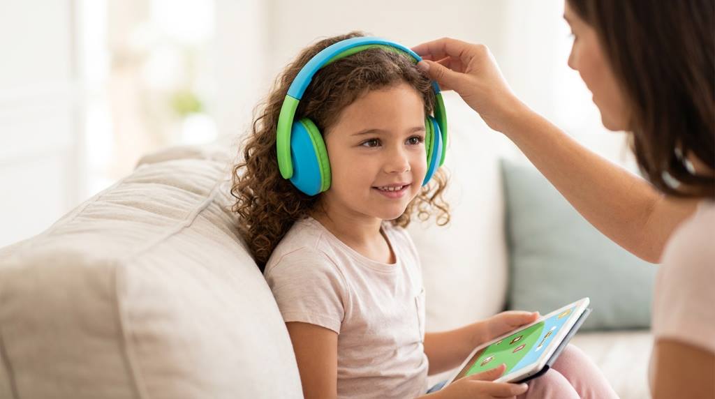 Child wearing noise cancelling headphones while studying at a desk