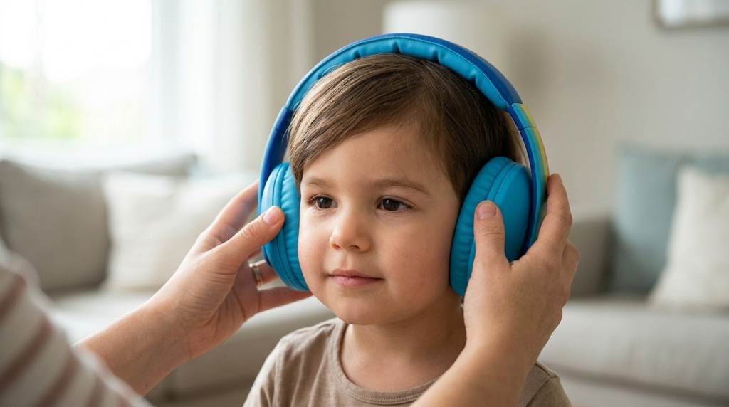 Family traveling with kids using noise cancelling headphones on an airplane