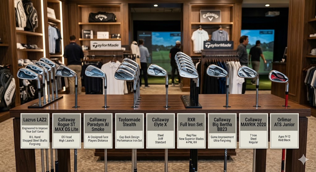 Assorted premium golf irons displayed for gifting golfers in Washington, showcasing distance, control, and forgiveness features