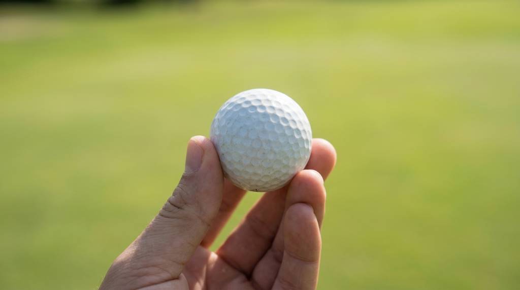 Golfer comparing different golf ball types on a driving range