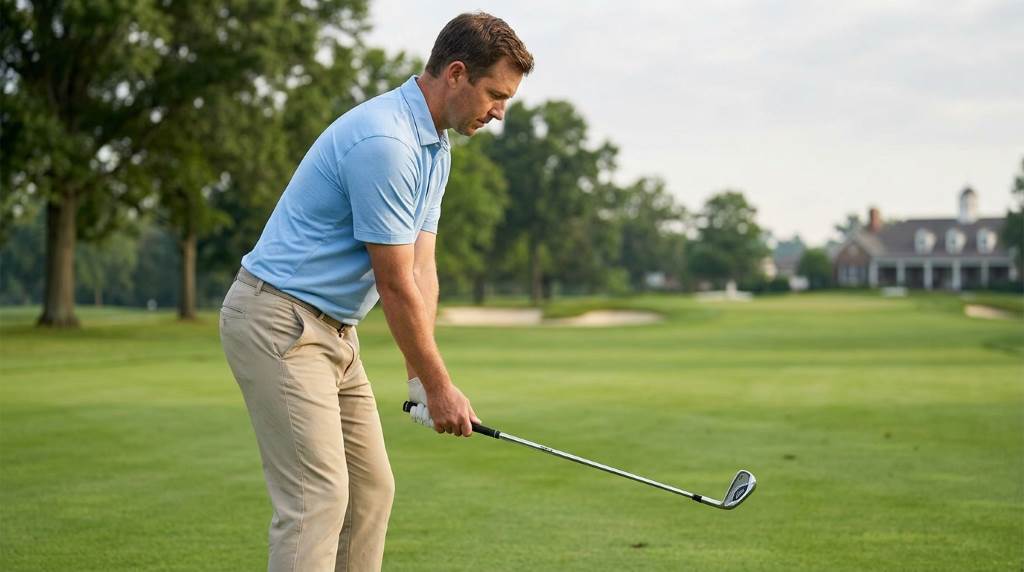 Golfer practicing iron shots on a driving range
