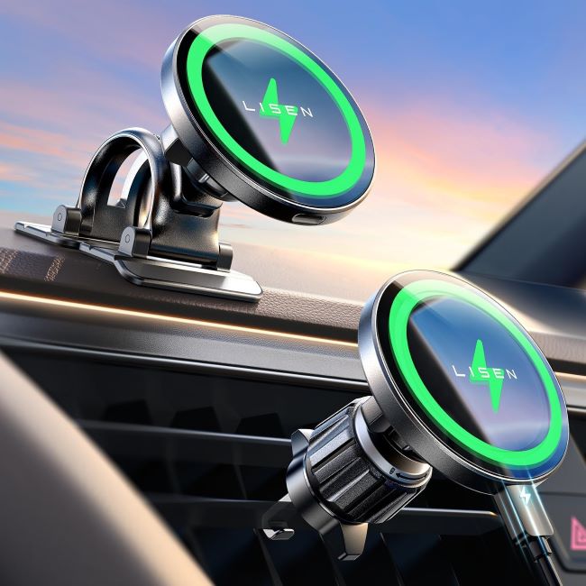 LISEN 15W MagSafe magnetic wireless car charger and phone mount for iPhone, Samsung, and Pixel devices with secure hands-free charging