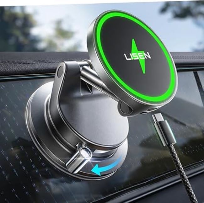 LISEN 15W MagSafe car mount charger with magnetic wireless charging and suction cup phone holder for cars, trucks, and SUVs