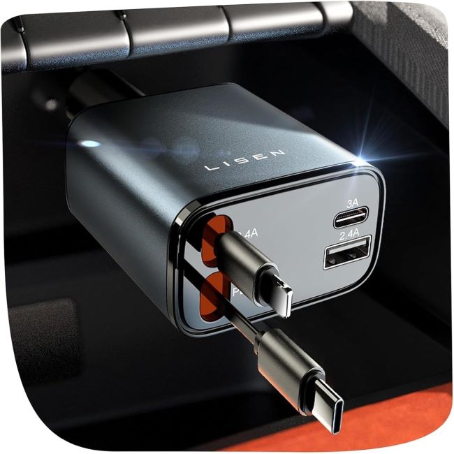 LISEN 84W retractable USB-C car charger with fast charging support for iPhone and other devices, featuring a compact travel-friendly design