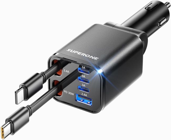 SUPERONE 99W retractable car charger with built-in charging cables and USB-C fast charging support for smartphones and mobile devices
