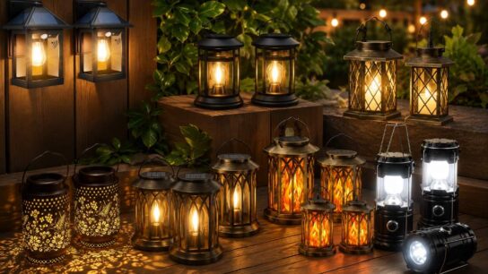 Solar Christmas lanterns decorating a California backyard patio during the holiday season
