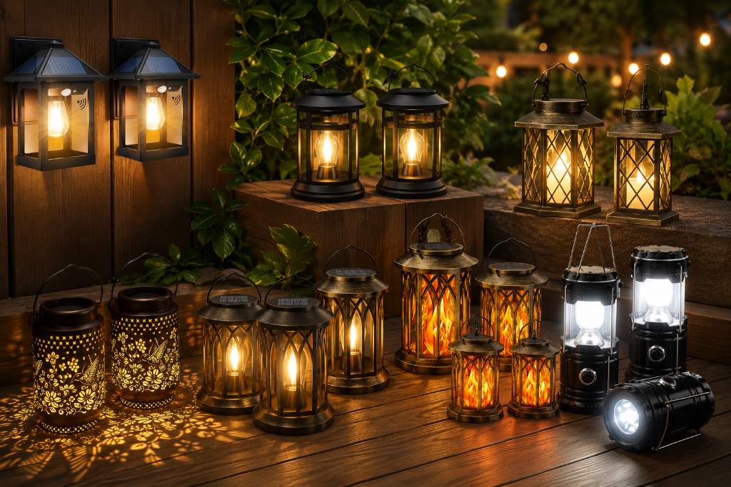 Solar Christmas lanterns decorating a California backyard patio during the holiday season